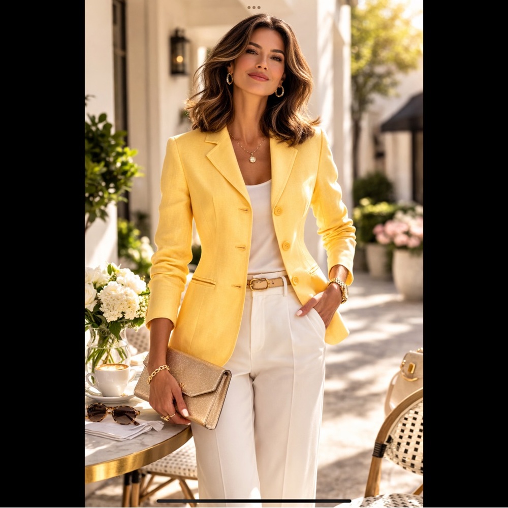 Mary McFadden Yellow Linen Blazer 10P Petite Tailored Spring Summer Jacket